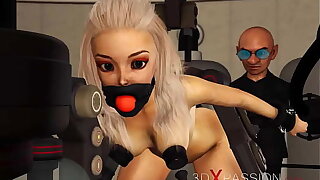 BDSM club. Hot sexy ball gagged platinum-blonde in restraints gets fucked hard by crazy midget in the lab