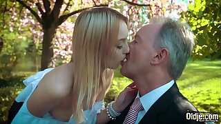 Young blonde groaning fucking an old man she swallows his cum shot